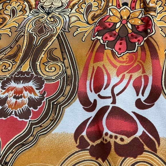 CATO Tropical Chiffon Dress Gold Red Browns Shortsleeved Lined Size 14 - Picture 14 of 16